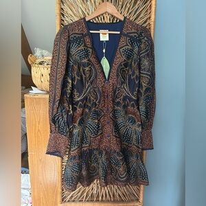 FARM Rio Long Sleeve Floral Dress - Navy and Brown